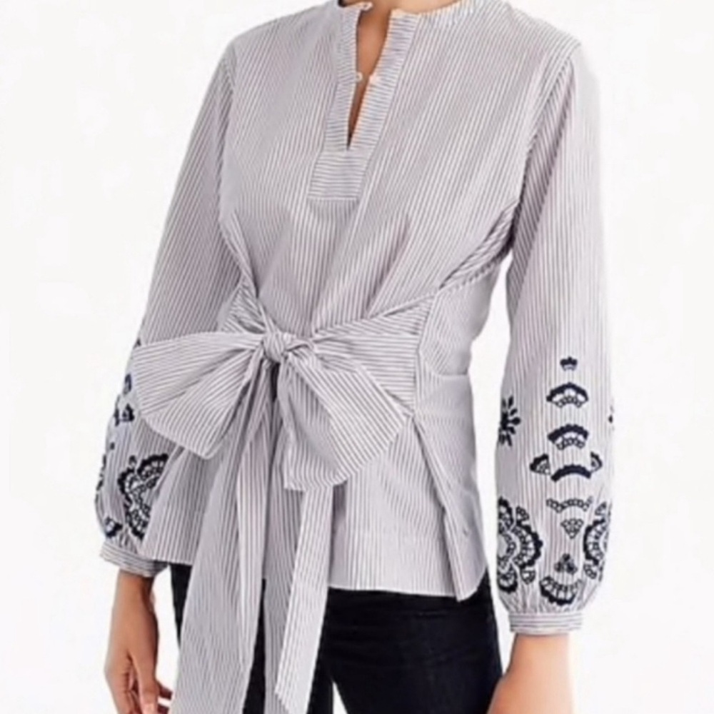 J. Crew Gray Tie Front Embellished Blouse with Mandarin Collar